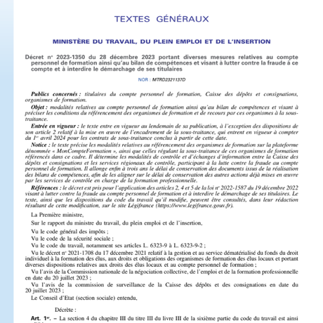 Décret N°2023-1350 du 28/12/2023 relatif à la sous-traitance des formations éligibles au CPF