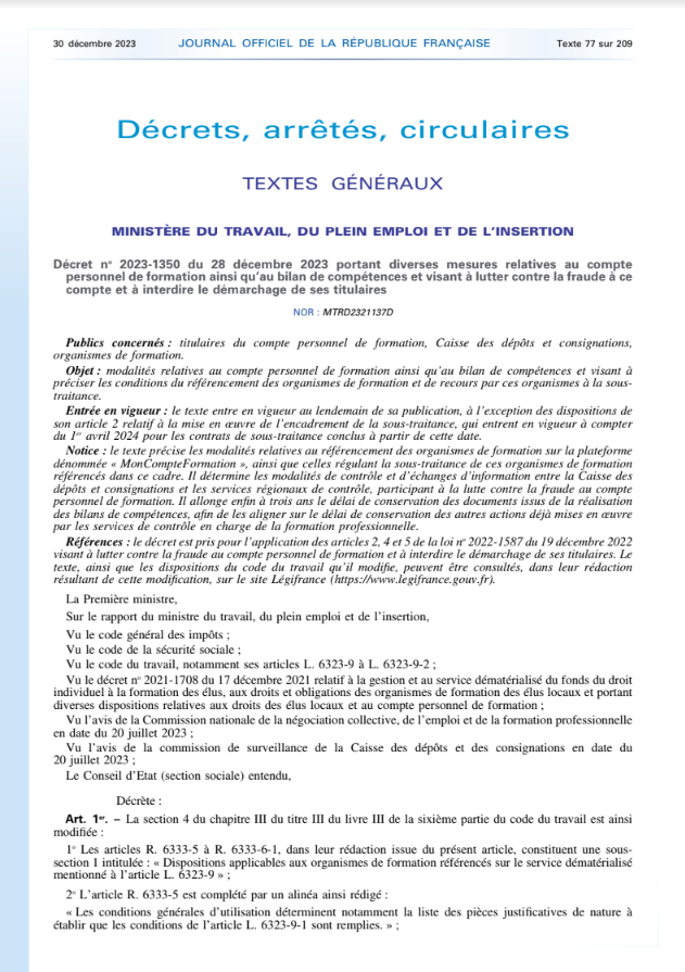 Décret N°2023-1350 du 28/12/2023 relatif à la sous-traitance des formations éligibles au CPF