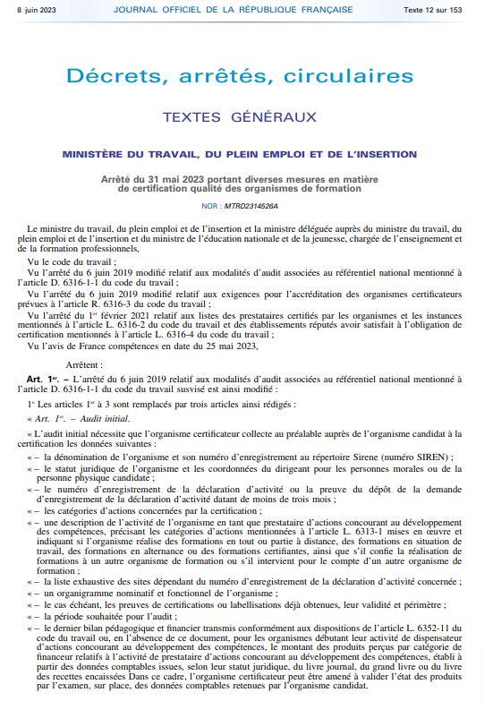 Les dernières nouvelles modifications en matière de certification qualité des OF au 31 mai 2023