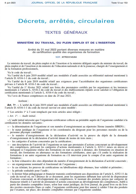 Les dernières nouvelles modifications en matière de certification qualité des OF au 31 mai 2023